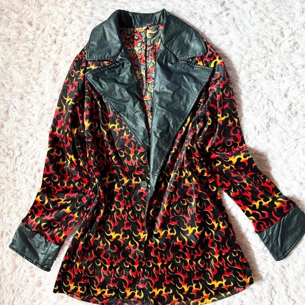 Velour Flame Patterned Blazer Faux Leather Cosplay Disco Jacket Mens XL Grunge